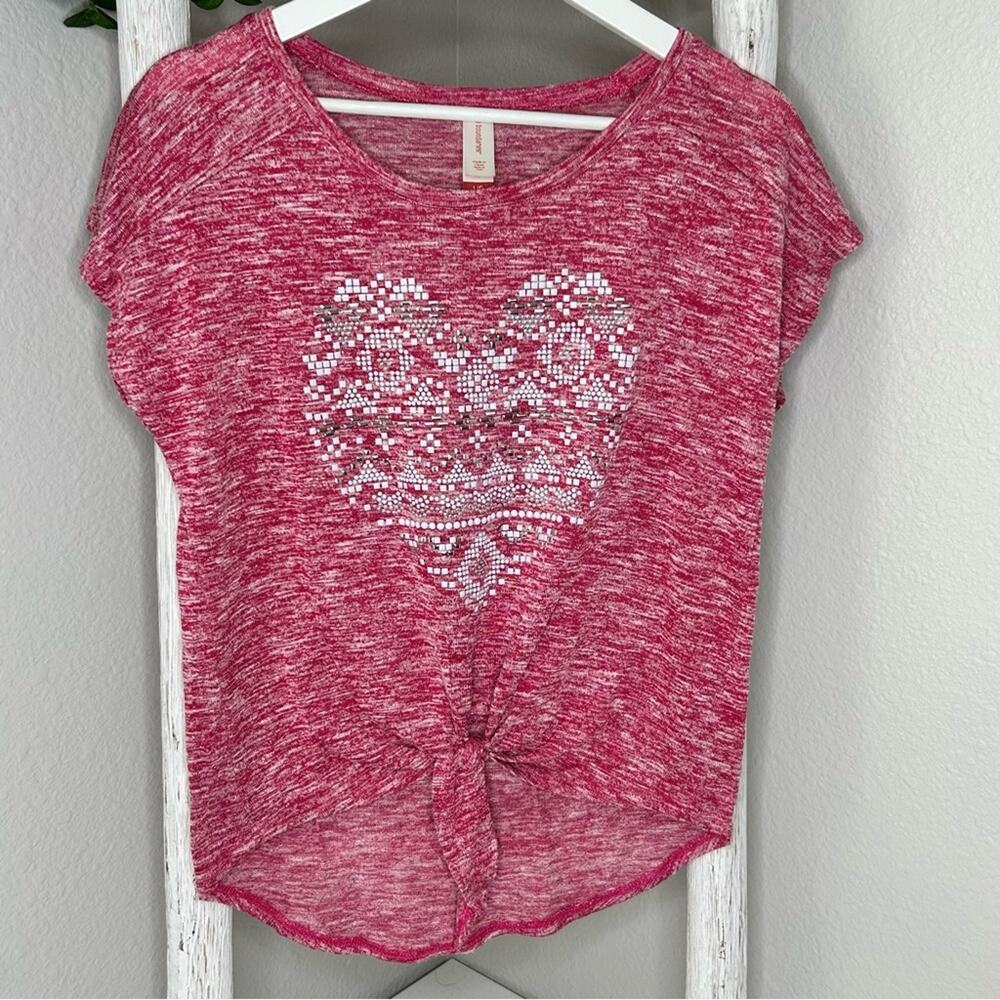No Boundaries Juniors Top Pink‎ Heart Embellished Tie Front Short Sleeve